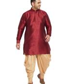 Men'S Maroon And Rose Gold Silk Blend Kurta And Dhoti Set