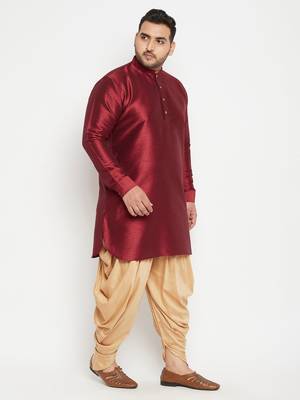 Men'S Maroon And Rose Gold Silk Blend Kurta And Dhoti Set 3