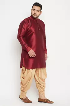 Men'S Maroon And Rose Gold Silk Blend Kurta And Dhoti Set