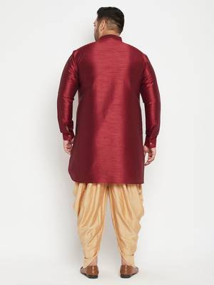 Men'S Maroon And Rose Gold Silk Blend Kurta And Dhoti Set 4