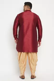 Men'S Maroon And Rose Gold Silk Blend Kurta And Dhoti Set