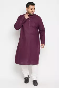 Purple And White Cotton Blend Kurta Pyjama Set