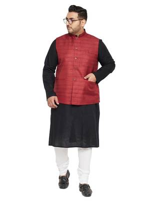 Black, Maroon And White Cotton Blend Jacket Kurta Pyjama Set 1