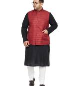 Black, Maroon And White Cotton Blend Jacket Kurta Pyjama Set