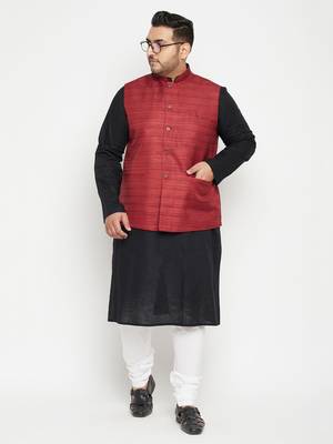 Black, Maroon And White Cotton Blend Jacket Kurta Pyjama Set 2