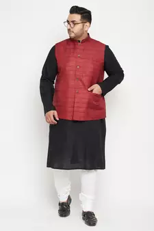 Black, Maroon And White Cotton Blend Jacket Kurta Pyjama Set