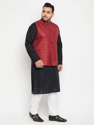 Black, Maroon And White Cotton Blend Jacket Kurta Pyjama Set 3