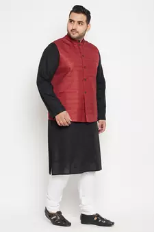 Black, Maroon And White Cotton Blend Jacket Kurta Pyjama Set