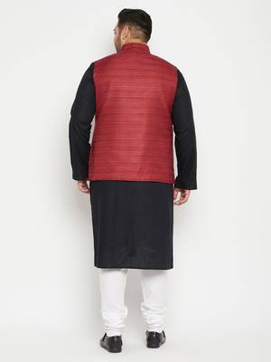 Black, Maroon And White Cotton Blend Jacket Kurta Pyjama Set 4