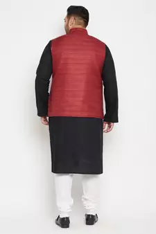 Black, Maroon And White Cotton Blend Jacket Kurta Pyjama Set