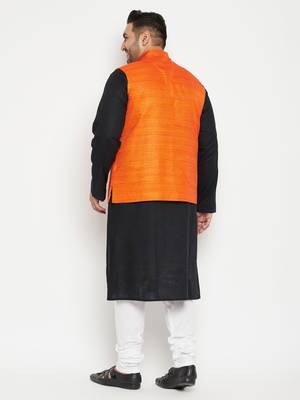 Black, Orange And White Cotton Blend Jacket Kurta Pyjama Set 1