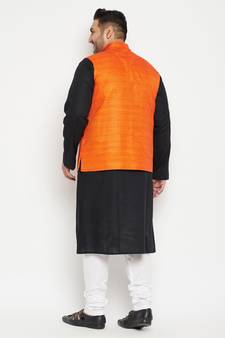 Men'S Black, Orange And White Cotton Blend Jacket Kurta Pyjama Set