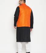 Black, Orange And White Cotton Blend Jacket Kurta Pyjama Set