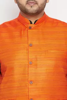 Black, Orange And White Cotton Blend Jacket Kurta Pyjama Set