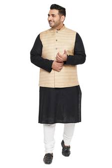 Men'S Black, Beige And White Cotton Blend Jacket Kurta Pyjama Set