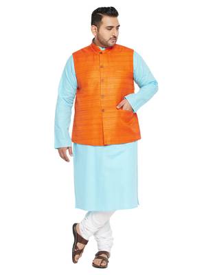 Aqua Blue, Orange And White Cotton Blend Jacket Kurta Pyjama Set 1