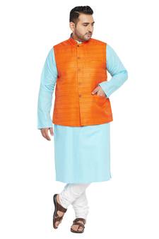 Men'S Aqua Blue, Orange And White Cotton Blend Jacket Kurta Pyjama Set