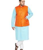 Aqua Blue, Orange And White Cotton Blend Jacket Kurta Pyjama Set