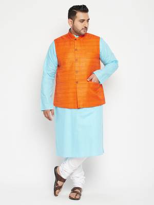 Aqua Blue, Orange And White Cotton Blend Jacket Kurta Pyjama Set 2