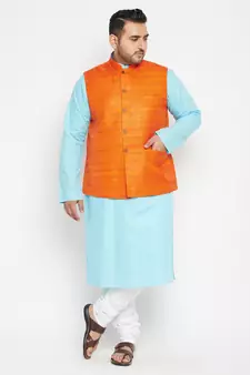 Aqua Blue, Orange And White Cotton Blend Jacket Kurta Pyjama Set