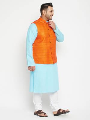 Aqua Blue, Orange And White Cotton Blend Jacket Kurta Pyjama Set 3