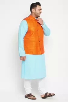 Aqua Blue, Orange And White Cotton Blend Jacket Kurta Pyjama Set