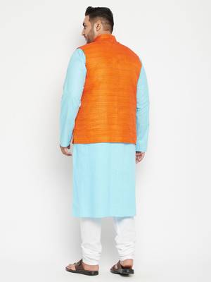 Aqua Blue, Orange And White Cotton Blend Jacket Kurta Pyjama Set 4