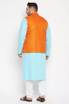Aqua Blue, Orange And White Cotton Blend Jacket Kurta Pyjama Set
