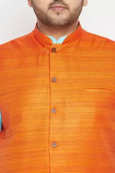 Aqua Blue, Orange And White Cotton Blend Jacket Kurta Pyjama Set