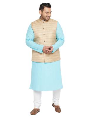 Aqua Blue, Beige And White Cotton Blend Jacket Kurta Pyjama Set 1