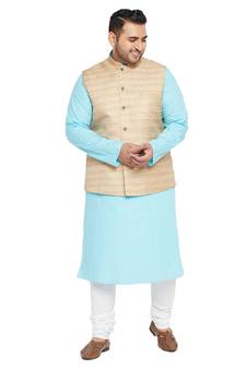 Men'S Aqua Blue, Beige And White Cotton Blend Jacket Kurta Pyjama Set