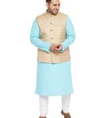 Aqua Blue, Beige And White Cotton Blend Jacket Kurta Pyjama Set