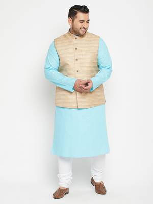 Aqua Blue, Beige And White Cotton Blend Jacket Kurta Pyjama Set 2