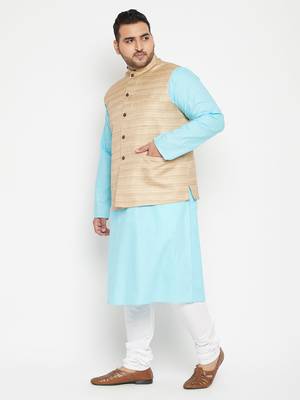 Aqua Blue, Beige And White Cotton Blend Jacket Kurta Pyjama Set 3
