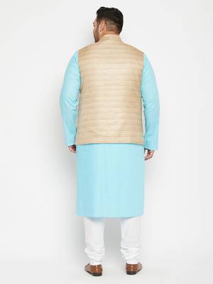 Aqua Blue, Beige And White Cotton Blend Jacket Kurta Pyjama Set 4