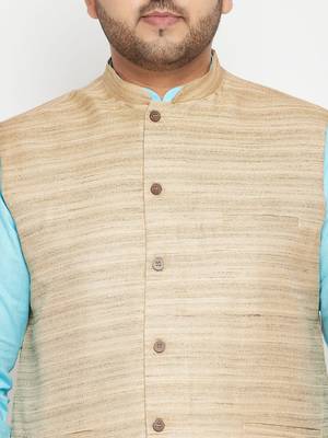 Aqua Blue, Beige And White Cotton Blend Jacket Kurta Pyjama Set 5