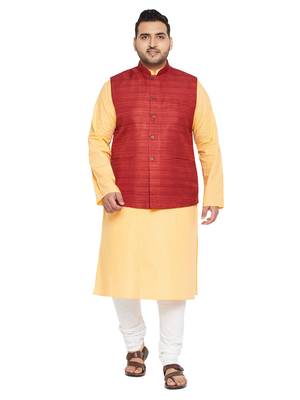 Fawn, Maroon And White Cotton Blend Jacket Kurta Pyjama Set 1