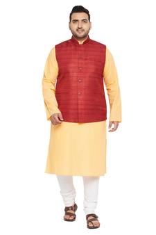 Men'S Fawn, Maroon And White Cotton Blend Jacket Kurta Pyjama Set