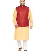 Fawn, Maroon And White Cotton Blend Jacket Kurta Pyjama Set