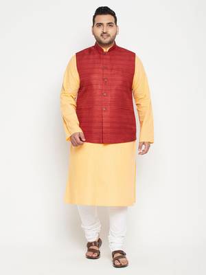 Fawn, Maroon And White Cotton Blend Jacket Kurta Pyjama Set 2