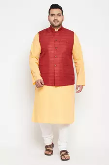 Fawn, Maroon And White Cotton Blend Jacket Kurta Pyjama Set