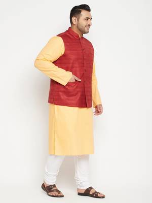 Fawn, Maroon And White Cotton Blend Jacket Kurta Pyjama Set 3