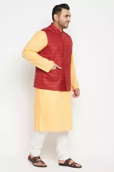 Fawn, Maroon And White Cotton Blend Jacket Kurta Pyjama Set