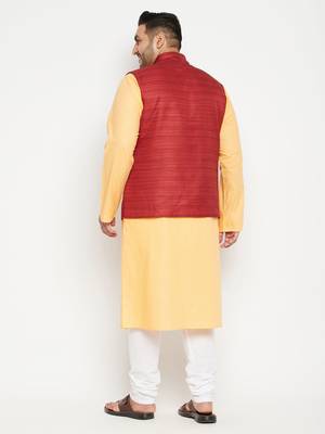 Fawn, Maroon And White Cotton Blend Jacket Kurta Pyjama Set 4