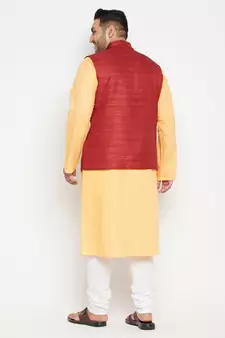 Fawn, Maroon And White Cotton Blend Jacket Kurta Pyjama Set