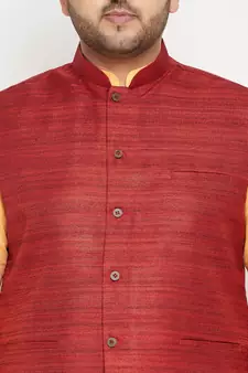 Fawn, Maroon And White Cotton Blend Jacket Kurta Pyjama Set