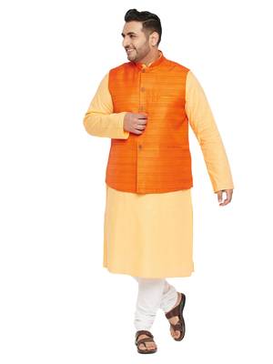 Fawn, Orange And White Cotton Blend Jacket Kurta Pyjama Set 1