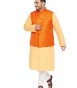 Fawn, Orange And White Cotton Blend Jacket Kurta Pyjama Set