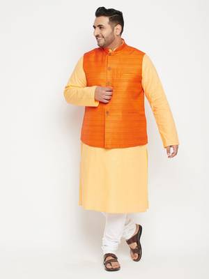 Fawn, Orange And White Cotton Blend Jacket Kurta Pyjama Set 2