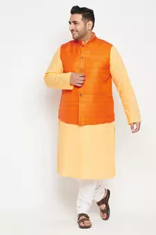 Fawn, Orange And White Cotton Blend Jacket Kurta Pyjama Set